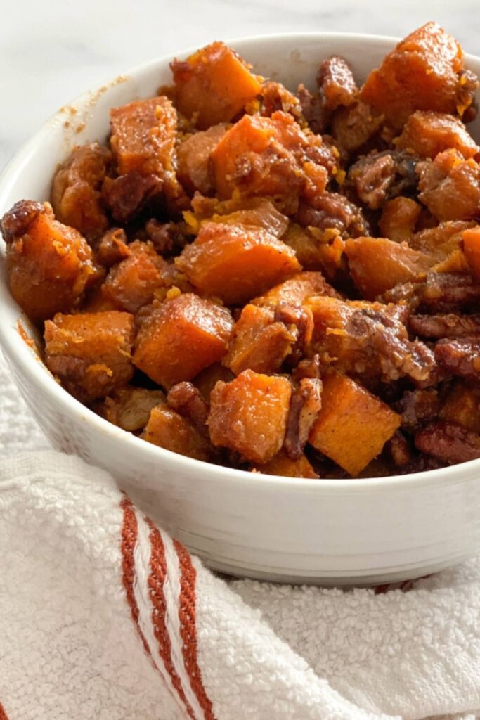 Maple Roasted Butternut Squash With Pecans in a bowl